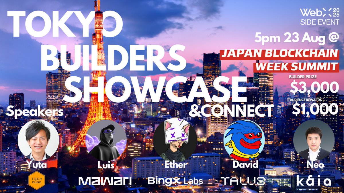 🗼Tokyo is ready for the Builders Showcase&amp;Connect!🚀

On Aug 23 @ 5PM, at <a href="/JBCWeek/">Japan Blockchain Week</a> Venue , we’re bringing together the visionary leaders shaping the future of crypto.

🤝Meet the pioneers driving innovation:
Yuta <a href="/yuta_matsuyama/">yuta_matsuyama</a>  - Co-Founder &amp; CEO <a href="/techfund_inc/">TECHFUND Inc.( 🇯🇵JAPAN 🇸🇬ASIA)</a> 

Luis