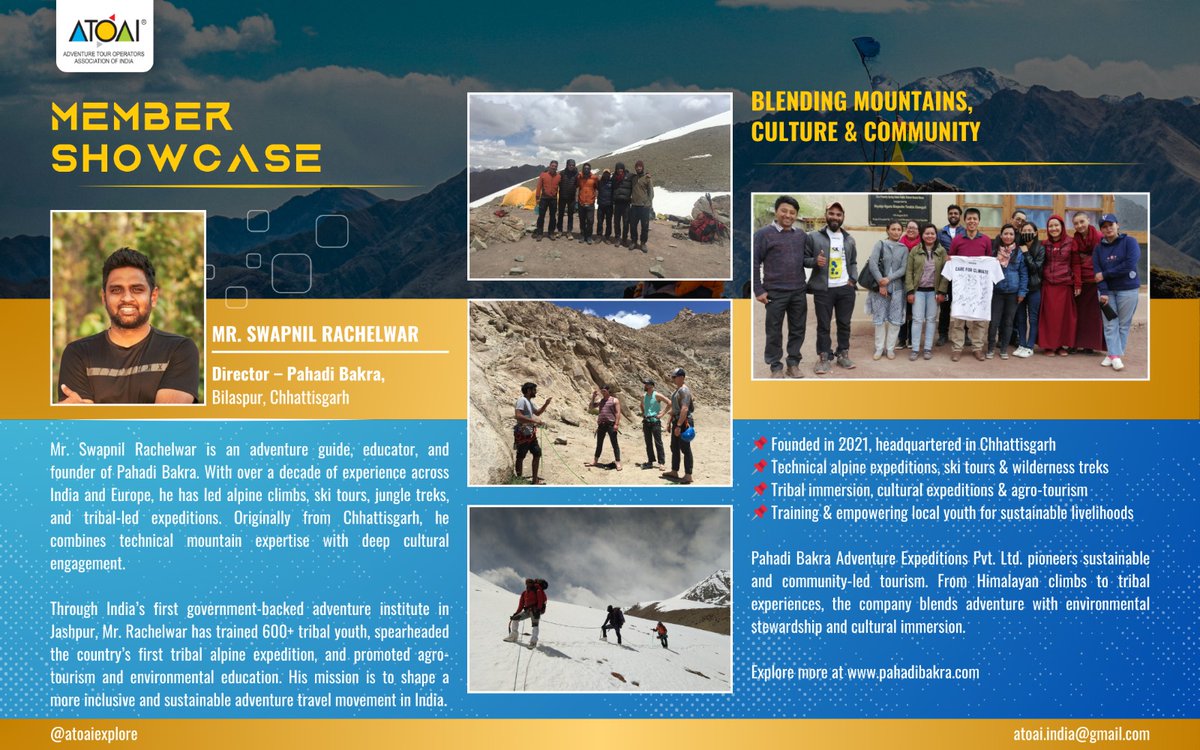 Proud to have Swapnil as an ATOAI Certified Tour Operator and Member, shaping the future of responsible adventure travel in India and beyond. 

#ATOAIMemberShowcase #PahadiBakra #AdventureTourism #SustainableTravel #AgroTourism #EcoTourism #AdventureIndia #ResponsibleTravel