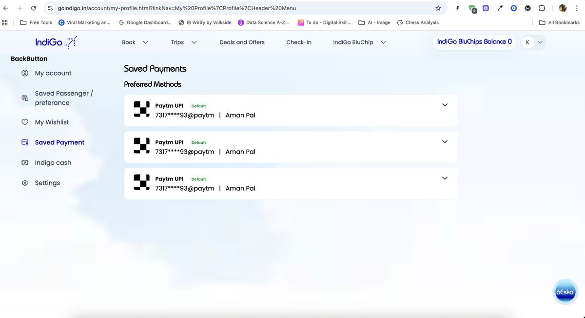 extragravypls's tweet photo. @IndiGo6E I randomly see some user Aman Pals payment info, saved preferences &amp; wishlist? This feels like a huge security/privacy concern? This is on the loyalty portal that FYI is riddled with a host of other minor bugs (comparatively)

@jagograhakjago @BandBajaateRaho @DGCAIndia https://t.co/SQhHvnTy9O