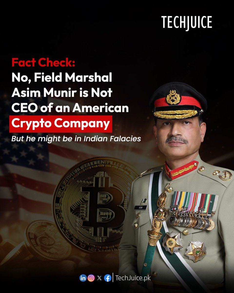Several Indian media outlets are circulating false claims against Pakistan, including a baseless allegation that Field Marshal Asim Munir is the CEO of a U.S. crypto company.

#Pakistan #Misinformation #AsimMunir #Crypto #DigitalPakistan