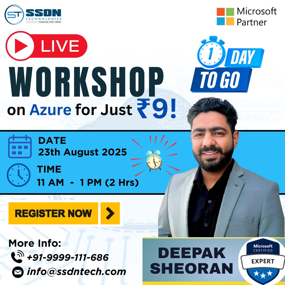 ssdntechnologie's tweet photo. Get ready to supercharge your cloud career — tomorrow is the day! 🚀

📅 23rd Aug 2025 | 🕒 11:00–1:00 PM IST | 💻 Live Online | 💰 Only ₹9

💳 Register Now:👉 https://t.co/b71xnm8SA2

#AzureWorkshop #AzureTraining #SSDNTech
#SSDNTechnologies #CorporateTrainingProgram https://t.co/o5r4HmoP67