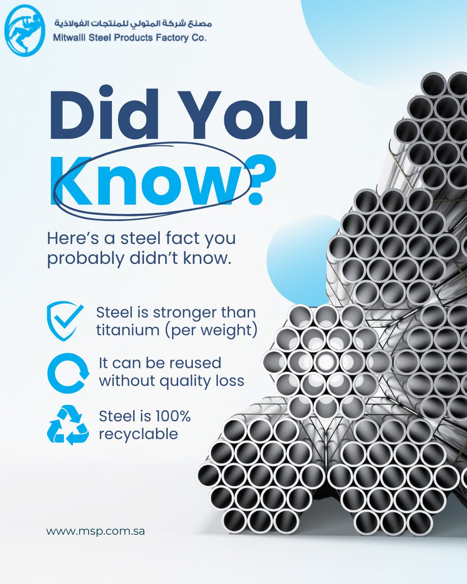 MitwalliSteel's tweet photo. 💡 Did You Know?
#MitwalliSteel #SteelFacts #DidYouKnow #SustainableSteel #MadeInSaudi #SteelStrength #RecyclableSteel #SaudiSteel #MadeInKSA #IndustrialStrength #steelknowledge #steelfabrication #jeddah https://t.co/6hRHeiZBve