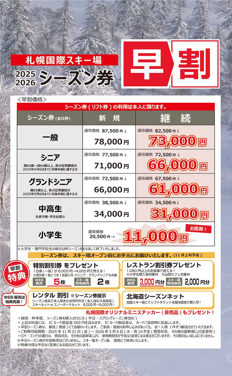 札幌国際スキー場 シーズン券早割販売、WEB販売は9月1日(月) 10:00から