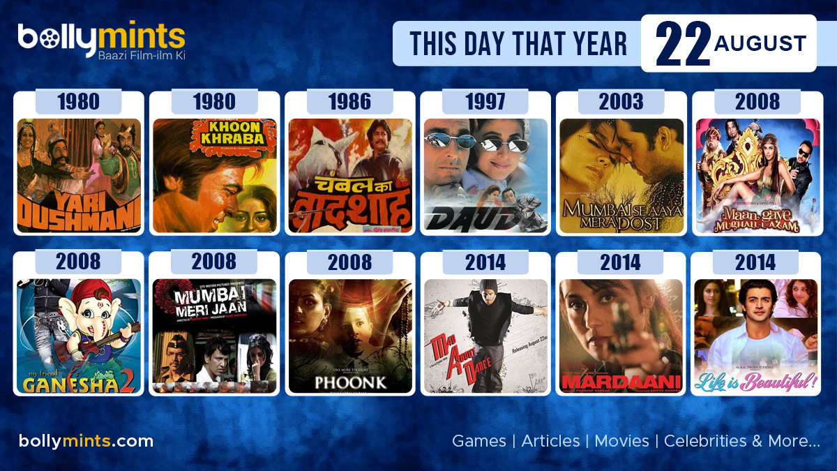 BollyMints's tweet photo. Here are the few #BollywoodMovies released on this day. Stay tuned at https://t.co/ohKmuyq9N0 for more #updates #ThisDayThatYear #22August #YariDushmani #KhoonKharaba #Daud #MumbaiSeAayaMeraDost #MyFriendGanesha2 #MumbaiMeriJaan #Phoonk #MAD #Mardaani #LifeIsBeautiful https://t.co/B5pL799oMN