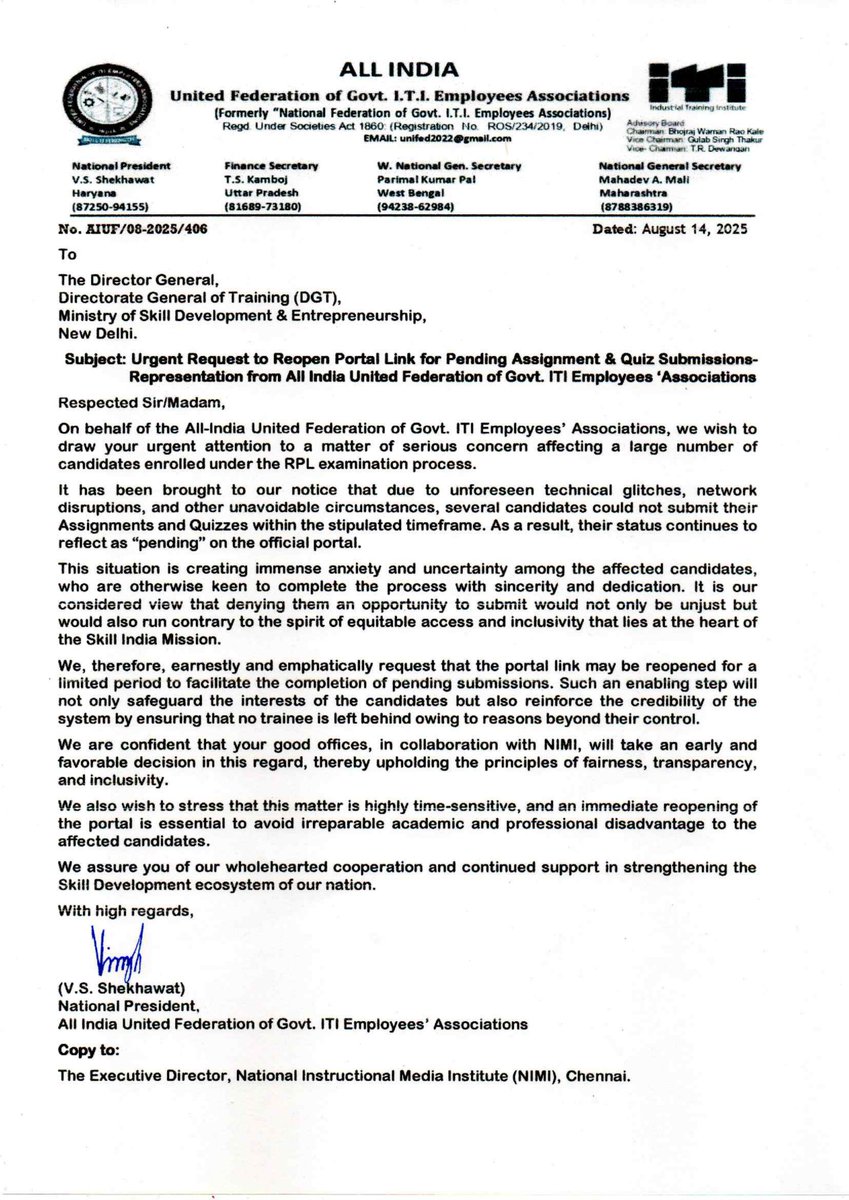 Reopen Portal Link for Pending Assignment &amp; Quiz Submissions-   Representation from All India United Federation of Govt. ITI Employees ‘Associations