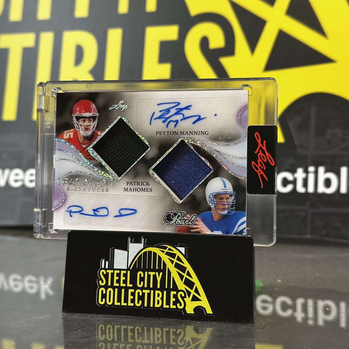 Live Breaks at Steel City Collectibles (@scclivebreaks) on Twitter photo Absolutely insane hit from <a href="/Leaf_Cards/">Leaf Trading Cards</a> Pearl yet again!
Patrick Mahomes & Peyton Manning Dual Autograph Relic 1/2! Absolutely insane hit from <a href="/Leaf_Cards/">Leaf Trading Cards</a> Pearl yet again!
Patrick Mahomes & Peyton Manning Dual Autograph Relic 1/2!