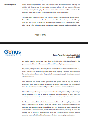 Genus Power Infrastructure Financial Results and Concall  Updates -

Genus Power is the largest player in India’s electricity metering solution with a market leader position in various kinds of meters and has developed ‘smart metering solutions’ with an in-house R&amp;D center.