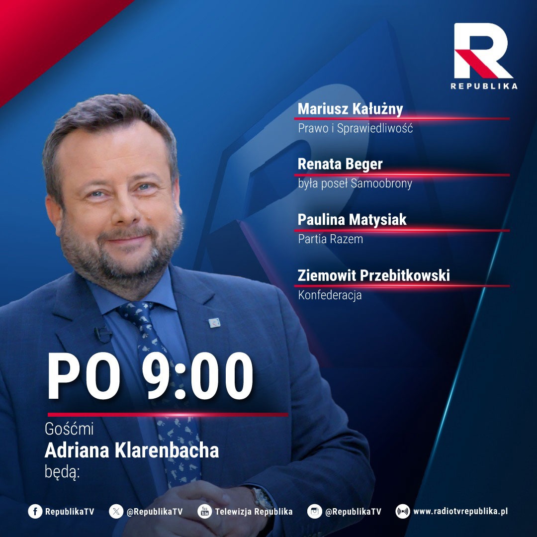 RepublikaTV's tweet photo. 🔵 #PO9 | Gośćmi dzisiejszego programu @AKlarenbach będą:

▪️ @m_kaluzny, (@pisorgpl)
▪️ Renata #Beger, b. posłanka Samoobrony 
▪️@polamatysiak, (@partiarazem)
▪️ @przebitkowski, (@KONFEDERACJA_ )

#TVRepublika
#włączprawdę https://t.co/juKVvsqcOC