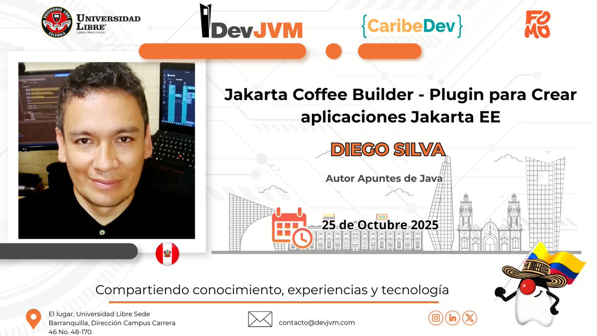 geovannycode's tweet image. 🚀 ¡Se viene #DevJVM2025 en Barranquilla y no te lo puedes perder! 🚀
El próximo 25 de octubre nos reunimos en la Universidad Libre para vivir un día lleno de conocimiento, networking y buena energía ☕💻🔥
Speakers confirmados que llegan desde toda LATAM 🌎:
🇵🇪 Diego…