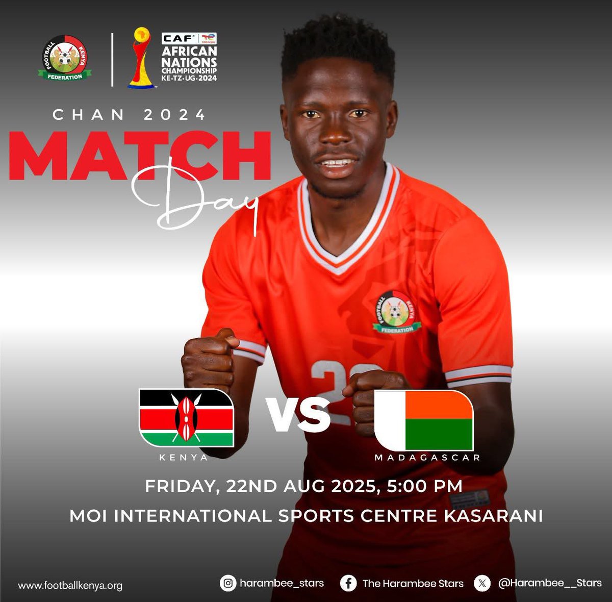 A big day for <a href="/Harambee__Stars/">Harambee Stars</a> and our nation.

All the best to our Men’s National Team as they face Madagascar in the #CHAN2024 quarterfinal at Kasarani, 5PM.

To our fans - you’ve carried the team this far, and your support remains their greatest strength. This evening, the