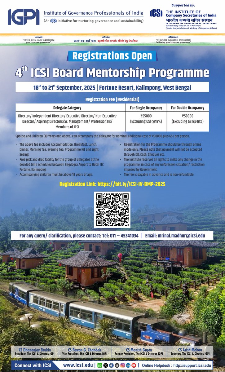 icsi_cs's tweet photo. #IGPI Institute of #GovernanceProfessionals of India (An #ICSI initiative for nurturing #governance & #sustainability) is organising 4th #ICSI Board Mentorship Programme on Sept 18-21, 2025 in Kalimpong, West Bengal. Details @ https://t.co/j5recpjMCo #ICSIBoardMentorshipProg https://t.co/uaulwTd3V3