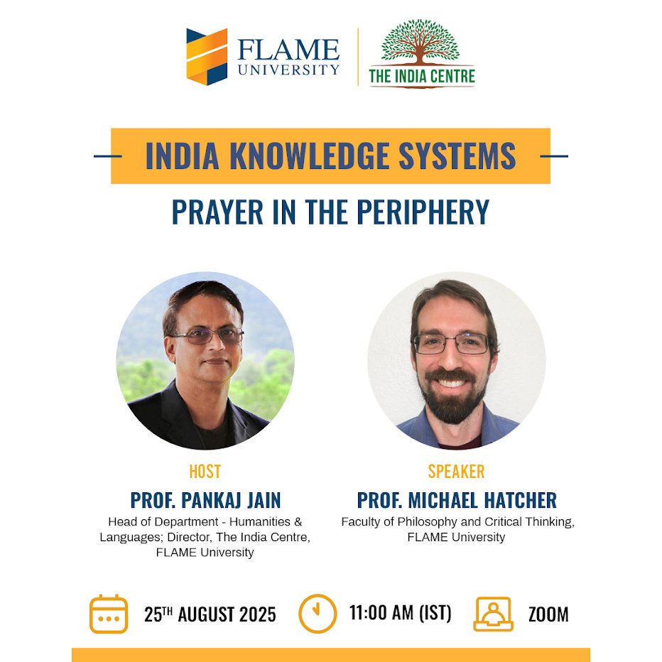 FLAME University (@flameuniversity) on Twitter photo Join Prof. Michael Hatcher, Faculty of Philosophy & Critical Thinking at FLAME University, for a compelling webinar hosted by FLAME University’s India Centre, marking the beginning of the academic year.
Drawing from philosophical theology and phenomenology, Prof. Hatcher will Join Prof. Michael Hatcher, Faculty of Philosophy & Critical Thinking at FLAME University, for a compelling webinar hosted by FLAME University’s India Centre, marking the beginning of the academic year.
Drawing from philosophical theology and phenomenology, Prof. Hatcher will