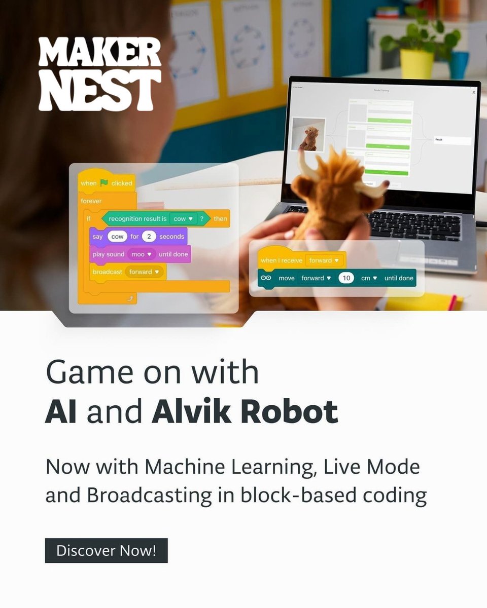 MakernestIndia's tweet image. 🎮🤖 Dive into game design, AI & automation with Arduino Alvik + mBlock!
Train AI models, gamify Alvik, build a self-driving car & smart train in 5 fun block-based lessons.
Start creating today 👉 makernest.com/products/alvik
#MakerNest #ArduinoIndia #STEM #AIforKids #Robotics