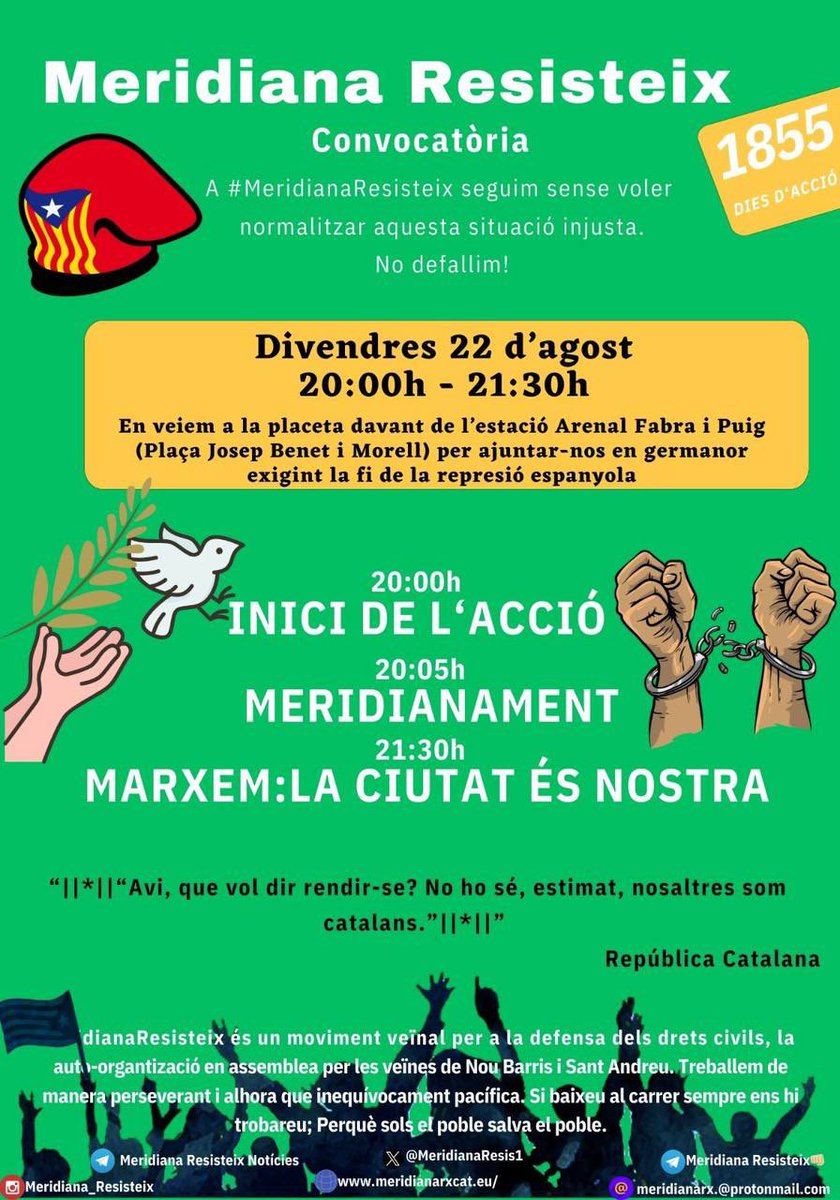 🚨Meridianes! Avui us convoquem a una nova jornada combativa! ✊

🔶 “La meva terra Catalunya, la meva parla el català, la meva dansa la sardana i el meu desig la llibertat” “No es dolent qui lluita per se lliure sinó qui oprimeix la llibertat“
