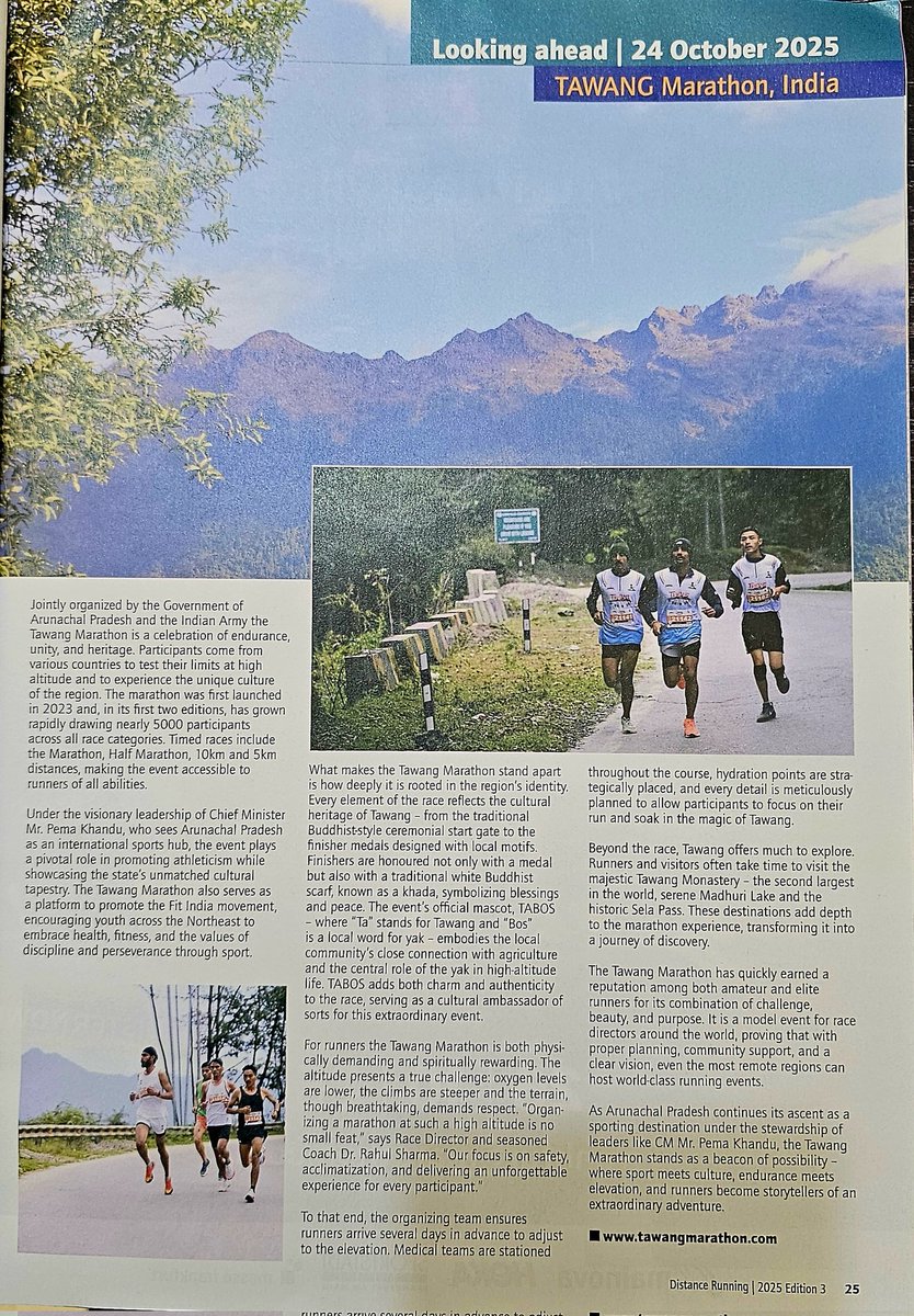 diprotawang's tweet photo. Tawang Marathon — Now Globally Recognised

We’re proud to announce that the Tawang Marathon is now a nationally celebrated and internationally recognised sporting event, endorsed by Indian Athletics and the Association of International Marathons and Distance Races (AIMS)

Recently featured in the prestigious AIMS Distance Running Magazine, our marathon is now showcased to a global audience in 120+ countries, connecting with 453 international races and thousands of marathoners and sports travelers worldwide.

This milestone puts Tawang on the world map — blending high-altitude endurance sports, breathtaking tourism, rich culture, and a message of peace & Sustainability. 

Mark your calendars: 24th October 2025
Run #AboveTheClouds with the theme "Stride for Sustainability" at 10,000 ft altitude — an experience you’ll remember for a lifetime!

Register now and be part of this historic event: [https://t.co/Mj3BAIJlKZ]

#TawangMarathon #AboveTheClouds #AIMS #MarathonLife #RunIndia #SportsTourism #PeaceAndUnity
