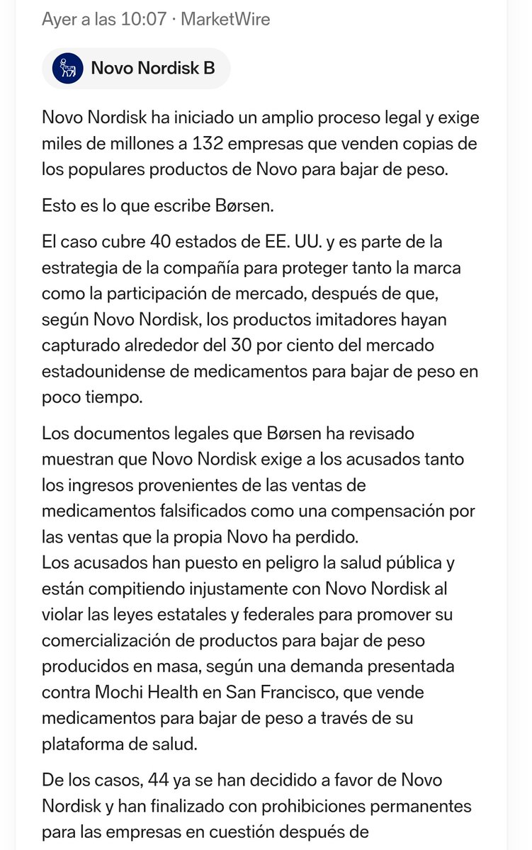 ✅ Novo Nordisk $NVO  ya está ganando los casos contra las empresas que venden semaglutida compuesta. 

Además, están exigiendo indemnizaciones tal y como dije que ocurriría.

En serio alguien cree que esto no terminará afectando a $HIMS?

Primero están yendo por los peces