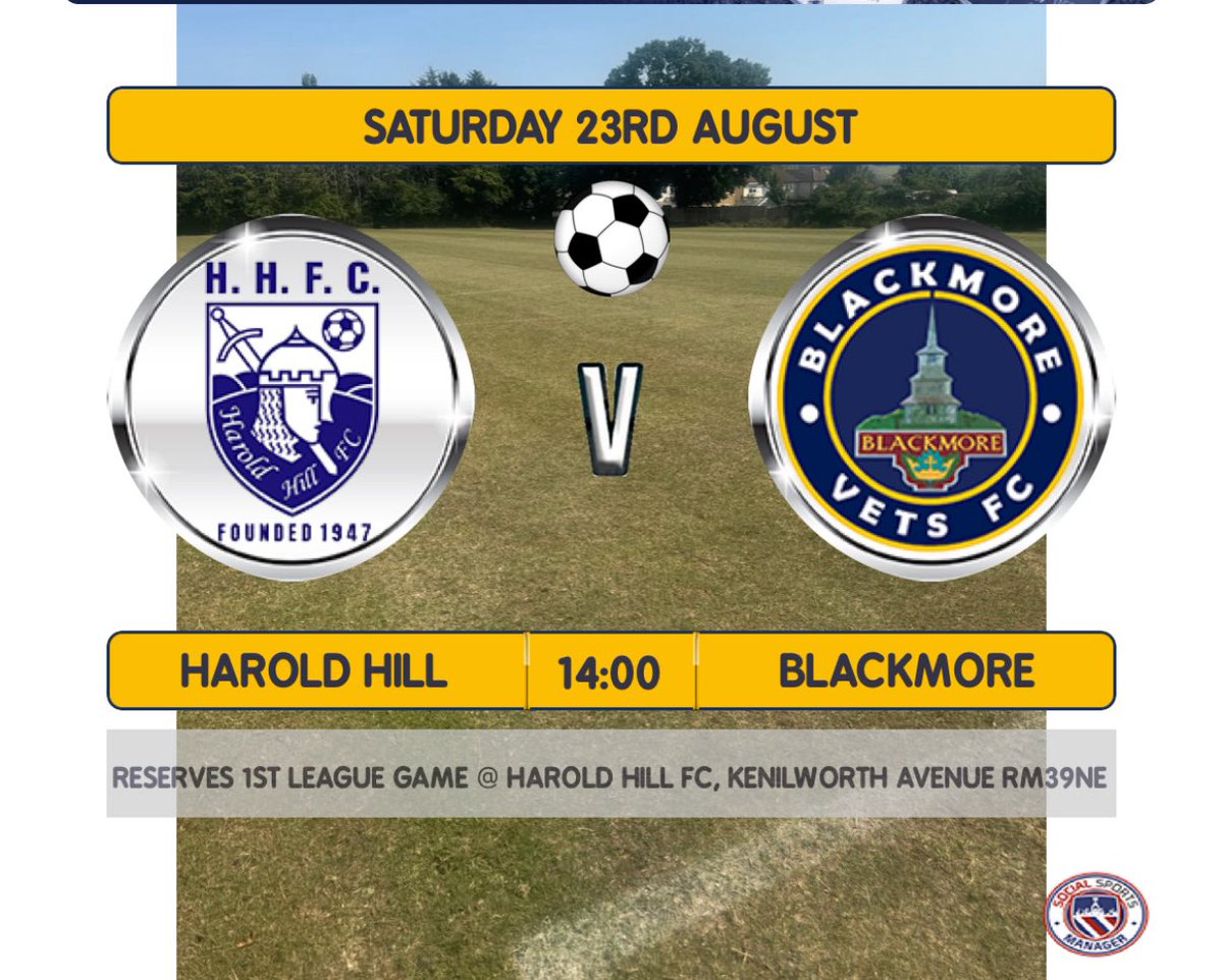 RESERVES are back for their 1st league game of the season @ Harold hill fc, kenilworth ave, Rm39ne 

Get down and support the lads in their 1st game
Bar open from 12 🍺🍺🍺🍺
