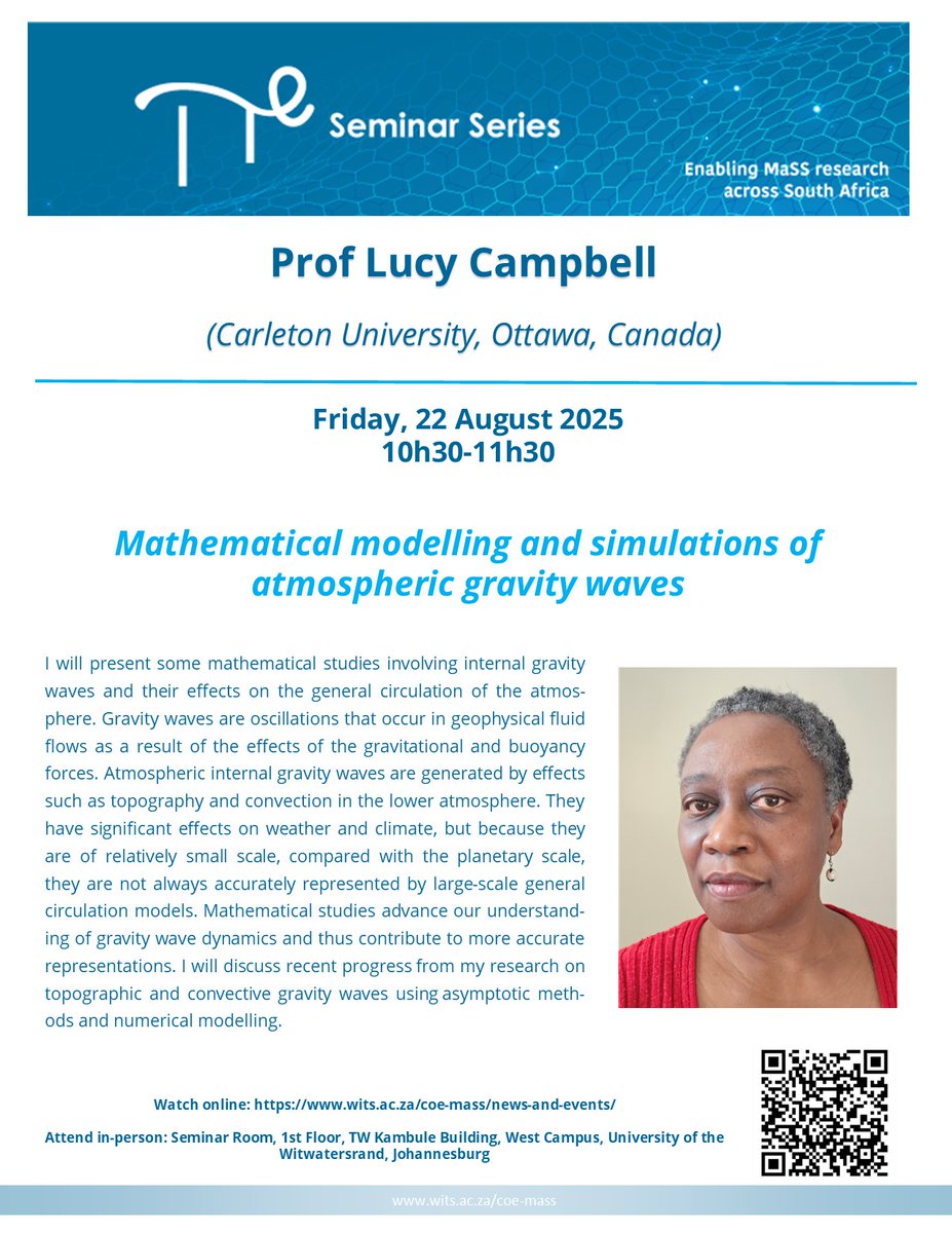 CoE-MaSS (@coemass) on Twitter photo 🗣️Don't miss out on our seminar this morning with Prof Lucy Campbell of <a href="/Carleton_U/">Carleton University</a>, Canada, who will be presenting on mathematical modelling and simulations of atmospheric gravity waves.
Join via our calendar here ➡️ bit.ly/2IKAq2b
#mathematics #statistics #research 🗣️Don't miss out on our seminar this morning with Prof Lucy Campbell of <a href="/Carleton_U/">Carleton University</a>, Canada, who will be presenting on mathematical modelling and simulations of atmospheric gravity waves.
Join via our calendar here ➡️ bit.ly/2IKAq2b
#mathematics #statistics #research