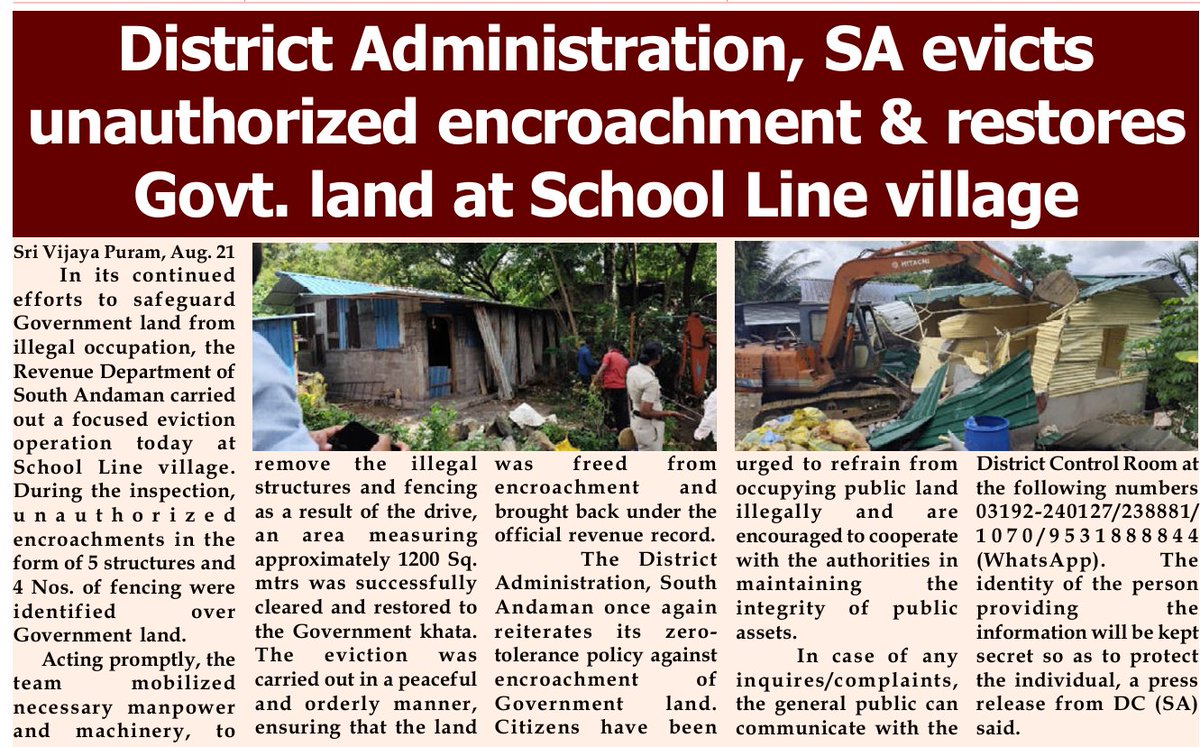 Lt. Governor's Secretariat-Media Cell, A&N Islands (@mediarn_ani) on Twitter photo #NewAndamans
#ZeroTolerance
<a href="/DcSouthandaman/">DC_SouthAndaman</a>, in its continued efforts to safeguard Govt land from illegal occupation carried out eviction operation at #SchoolLine village #SriVijayaPuram. Unauthorized encroachments in the form of 5 structures and 4 Nos. of fencing were #NewAndamans
#ZeroTolerance
<a href="/DcSouthandaman/">DC_SouthAndaman</a>, in its continued efforts to safeguard Govt land from illegal occupation carried out eviction operation at #SchoolLine village #SriVijayaPuram. Unauthorized encroachments in the form of 5 structures and 4 Nos. of fencing were