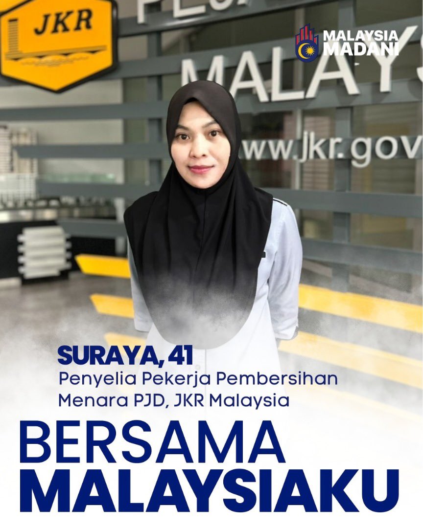 Suraya, 41, dari Sandakan, Sabah, penyelia pembersihan Menara PJD JKR, tekun memastikan kebersihan terjaga demi keselesaan warga kerja. Dedikasinya cerminan semangat MADANI Bekerja. #KearahKesejahteraanRakyat #BersamaMalaysiaku #MalaysiaMADANI  #KamiBinaKamiBanggaKamiUsaha