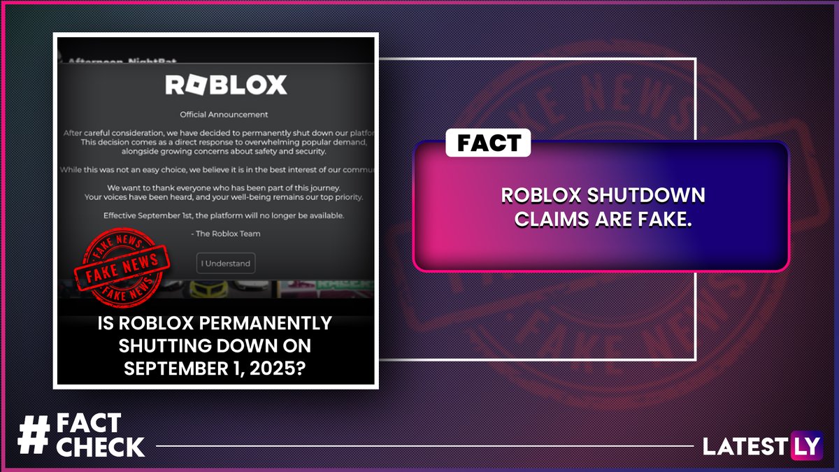 latestly's tweet image. Fact Check: Is Roblox Permanently Shutting Down On September 1, 2025 Amid Facing Backlash? Check Details Of Claims Spread On Social Media

Read Full Article Here: latestly.com/social-viral/f…

#FactCheck #Roblox #RobloxShutdown #FakeNews