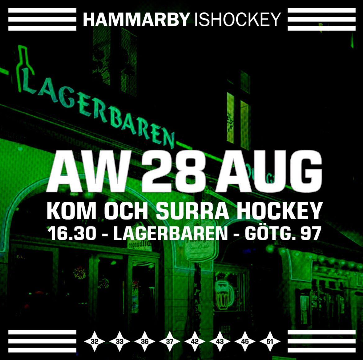 AW med Hammarby Hockey!🍻

Nästa torsdag från klockan 16.30 bjuder vi in alla grönvita supportrar till en kväll i hockeyns anda på Lagerbaren. 

Kom förbi och umgås med spelare och ledare, snacka upp kommande säsong och lär känna oss lite bättre. 

Vi ses där!