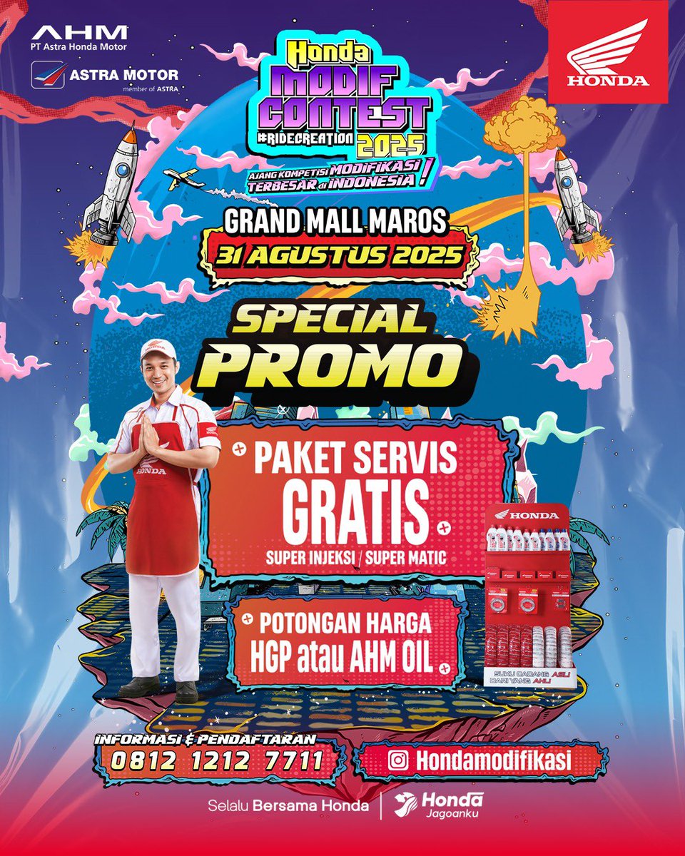 Hanya di Honda Modif Contest 2025! 🔥

Dapatkan gratis angsuran, paket service gratis, dan promo menarik lainnya selama event berlangsung.

Datang dan ramaikan di Grand Mall Maros pada 31 Agustus 2025. 🔥

#Honda #HondaJagoanku #SelaluBersamaHonda #HondaModifContest