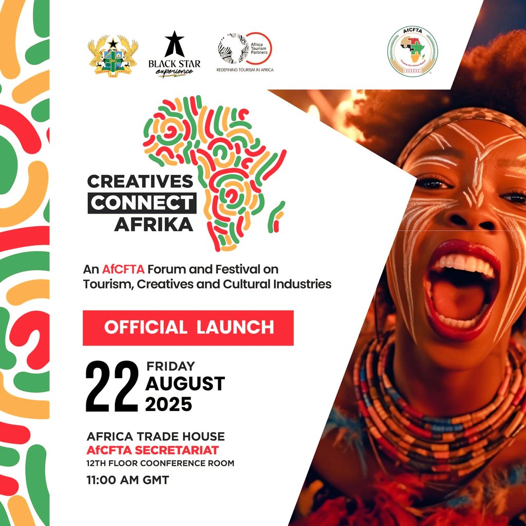 kimsalim99's tweet photo. The @AfCFTA Secretariat in collaboration with @BSEGhana &amp; @ATP2018  will today host a Media Launch of the  AfCFTA Forum &amp; Festival on Tourism, Creatives &amp; Cultural Industries – Creatives Connect Afrika.
@EwaffeVillage #visitewaffe #CreatingOneAfricanMarket
#CreativesConnectAfrika https://t.co/QIIcNBGhyD