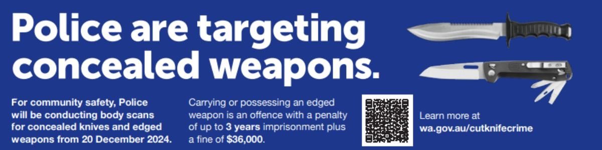 Are you headed to the Sun City Carnival 🎡 at Maitland Park in Geraldton this weekend? 

Please be advised, Maitland Park will be a Declared Designated Area for Edged Weapon Scanning, in an effort to reduce harm in our community 👍

#fb