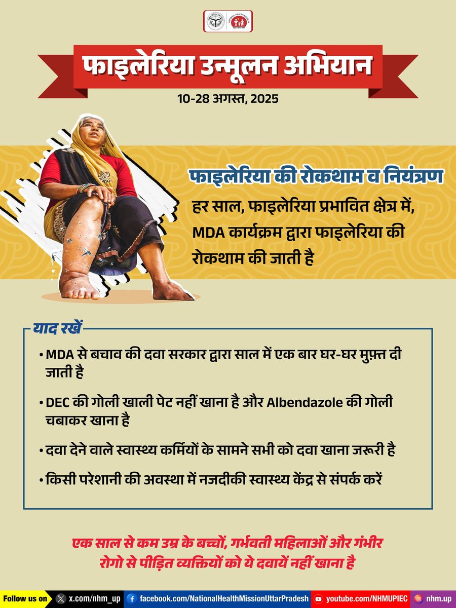 फाइलेरिया की रोकथाम व नियंत्रण के लिए प्रत्येक वर्ष प्रभावित क्षेत्रों में MDA (Mass Drug Administration) कार्यक्रम चलाया जाता है।

इस दौरान सभी लोगों को दवा दी जाती है, जिसे अवश्य सेवन करना चाहिए।
यह दवा फाइलेरिया संक्रमण से बचाती है और बीमारी के फैलाव को रोकती है।
याद रखें –