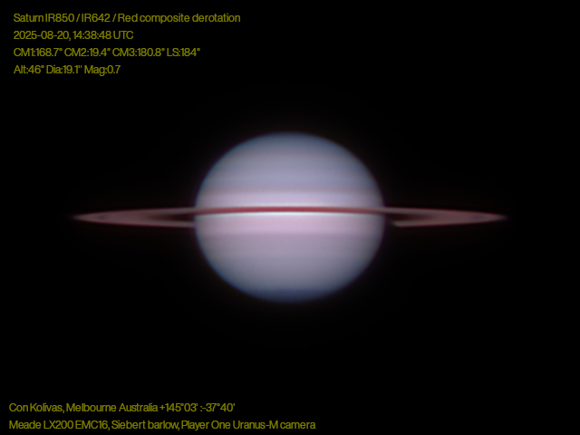 Saturn captured in composite colour infrared on 2025-08-20