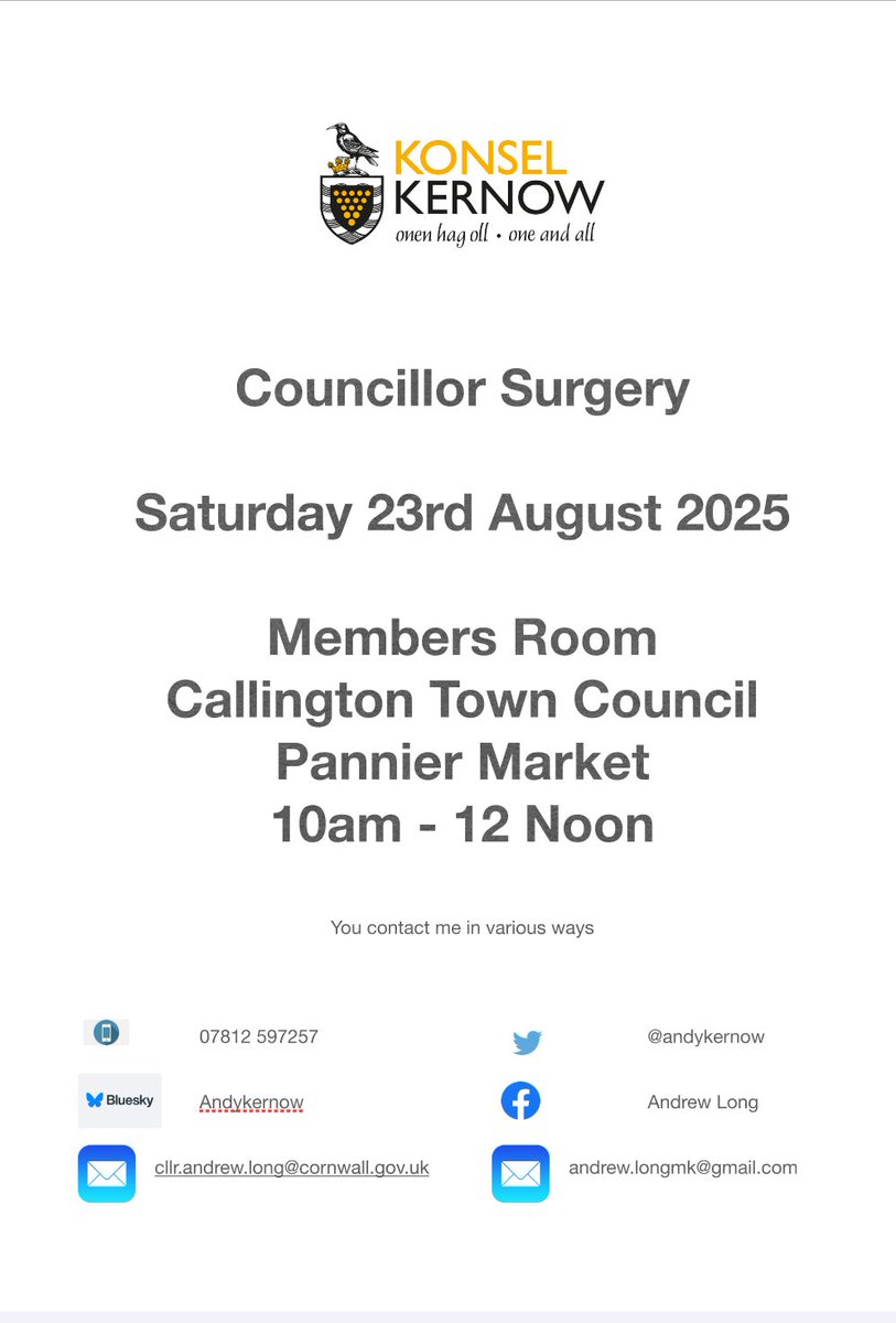 Tomorrow I am resuming the <a href="/CornwallCouncil/">@cornwallcouncil</a> Surgeries at <a href="/CallingtonTC/">Callington TC</a> Pannier Market from 10am to 12 Noon <a href="/MebyonKernow/">The Party for Cornwall</a> #kernowaganbro