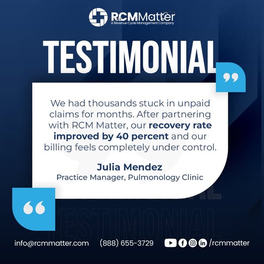 Boost recoveries by 40% with RCM Matter’s expert billing. We cut denials, speed up payments, and keep your practice financially strong
See how at: rcmmatter.com

#MedicalBilling #RCMSolutions #RevenueRecovery #HealthcareFinance #DenialManagement