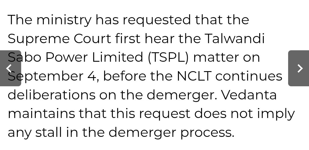Vedanta IR team is in absolute shambles. 

They have gone to the press with a "clarification" on the demerger, stating that the TSPL matter is unrelated to the demeger.

Then it claims that the demeger NCLT hearing is postponed because of TSPL. 

Hilarious. $VEDL