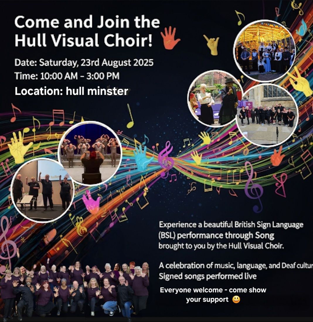 Hull Minster (@hullminster) on Twitter photo Experience a beautiful British Sign Language BSL performance through song, brought to you by Hull Visual Choir.
Saturday, 23-Aug-2025
10:00am - 3:00pm
Everyone welcome. 
Performed between 10-3pm in Trinity Square. 
hm.churchsuite.com/events/laaalwsz Experience a beautiful British Sign Language BSL performance through song, brought to you by Hull Visual Choir.
Saturday, 23-Aug-2025
10:00am - 3:00pm
Everyone welcome. 
Performed between 10-3pm in Trinity Square. 
hm.churchsuite.com/events/laaalwsz