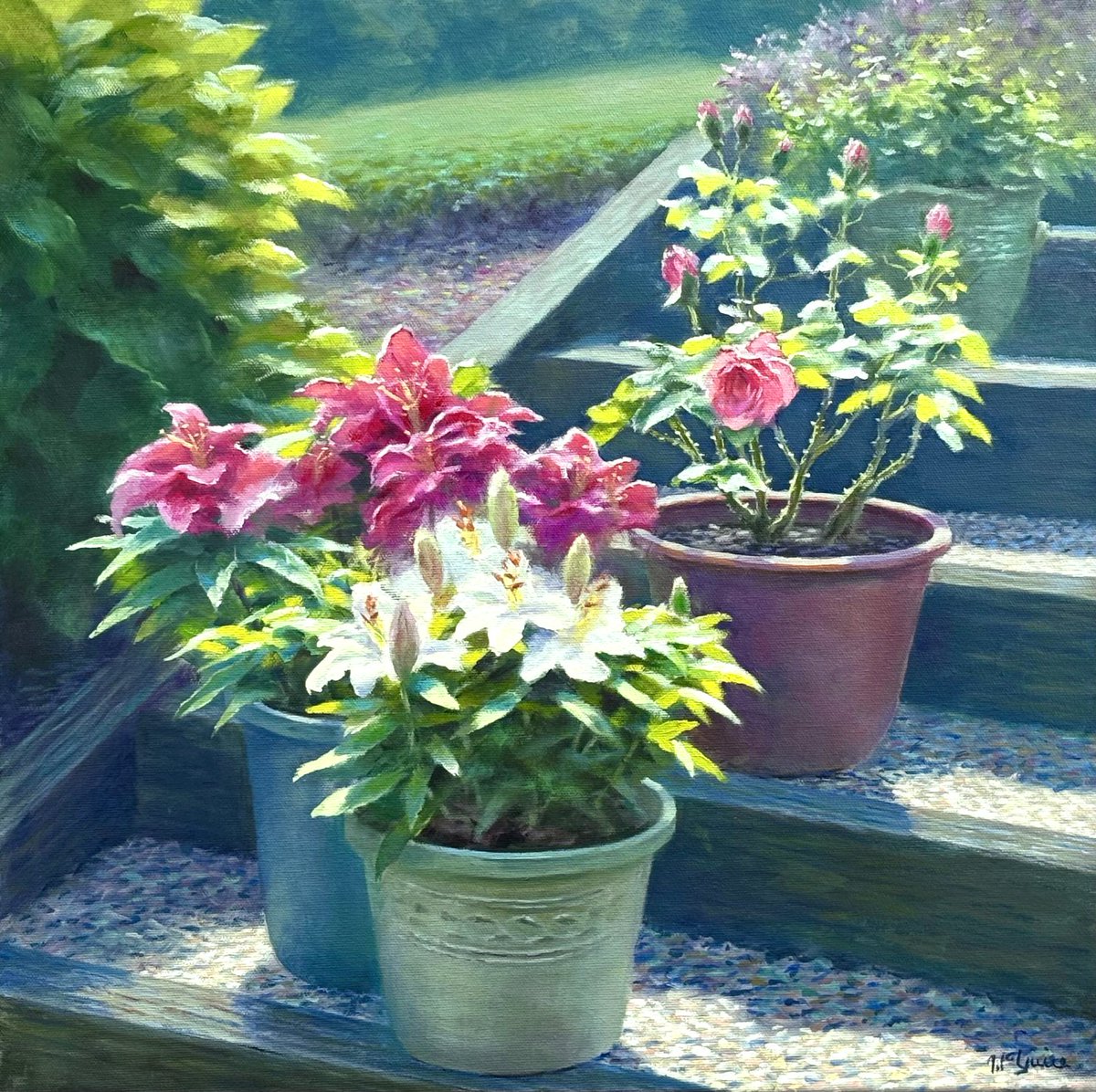 My latest painting. Based on photos taken outside my studio door a few weeks ago when the potted lilies were in full bloom. It's oil on 20" x 20" stretched canvas.