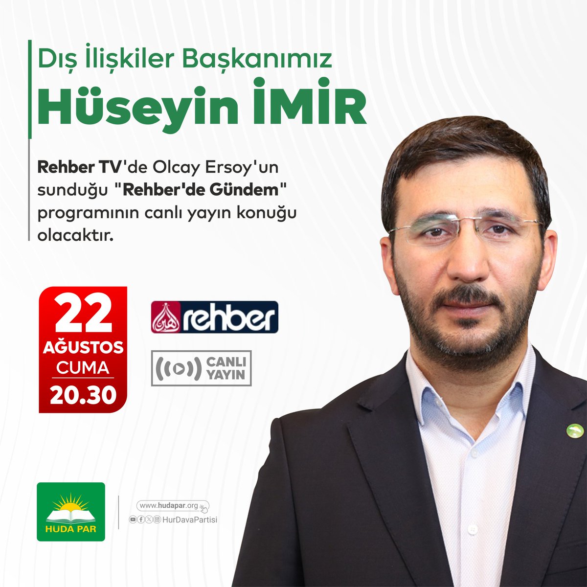 Dış İlişkiler Başkanımız Hüseyin İmir, bu akşam saat 20.30'da Rehber TV'de Olcay Ersoy'un sunduğu "Rehber'de Gündem" programının canlı yayın konuğu olacaktır.