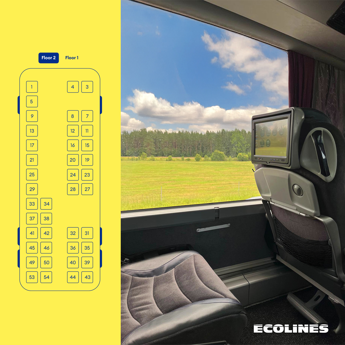 Iepazīsti jauno ECOLINES 3 rindu-sēdekļu autobusu – 
Tikai trīs sēdekļi rindā – izbaudi vairāk vietas atpūtai, kustībām
Platas ejas, ērtāki sēdekļi
Krietni lētāk nekā pie konkurentiem
Tikai maršrutā starp Rīgu un Tallinu