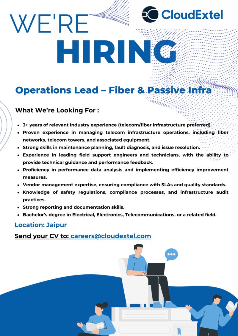 cloud_extel's tweet image. Be part of India’s digital transformation with
@cloud_extel 

We are looking for an Operations Lead – Fiber &amp;amp; Passive Infra, to join our team in Jaipur. 

Apply now: lnkd.in/dShWGjQ6 or email your CV to careers@cloudextel.com

#Hiring