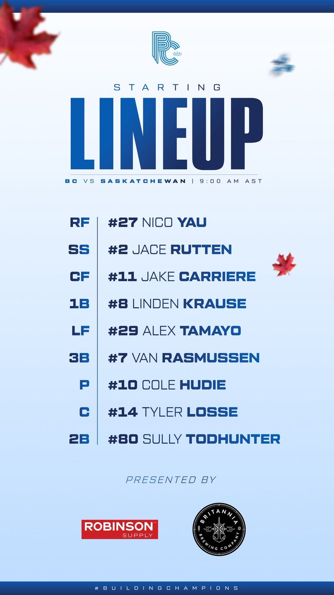 Delta Blue Jays (@deltabluejays) on Twitter photo Starting lineup for Team BC this morning as they take on Team Saskatchewan @chevysball
Presented by Robinson Supply & Britannia Brewing Company! Starting lineup for Team BC this morning as they take on Team Saskatchewan @chevysball
Presented by Robinson Supply & Britannia Brewing Company!