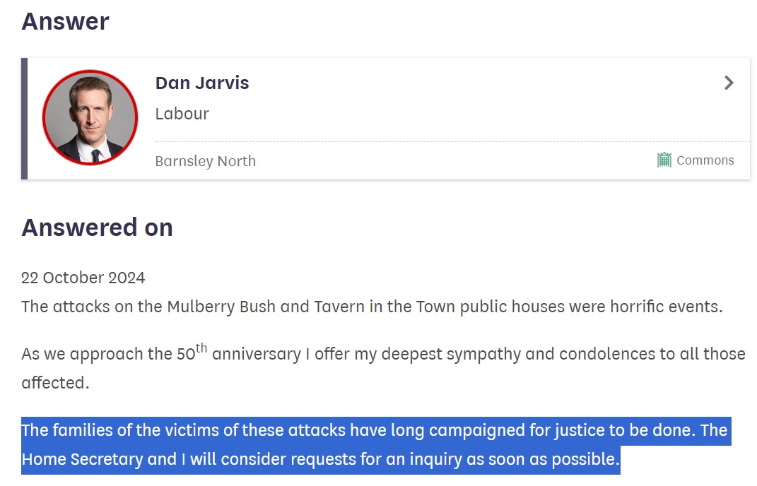 Gary Jordan (@gjbnoize) on Twitter photo <a href="/DanJarvisMBE/">Dan Jarvis MP</a> So where is your support for <a href="/Justice4the21/">Justice4the21</a> or their S1 PI?
Or are victims of the IRA not worthy of mention? <a href="/DanJarvisMBE/">Dan Jarvis MP</a> So where is your support for <a href="/Justice4the21/">Justice4the21</a> or their S1 PI?
Or are victims of the IRA not worthy of mention?