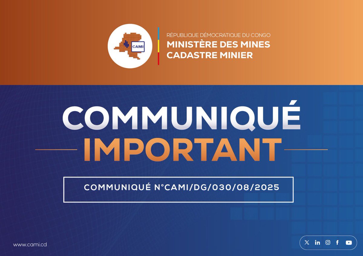 #RDC 🔴Le Cadastre Minier invite les titulaires de droits miniers et de carrières à lui transmettre, dans les délais prescrits et conformément aux dispositions des articles 387 al.ler et 391 al. 1er du Règlement Minier, les preuves de commencement des travaux relatives à chaque
