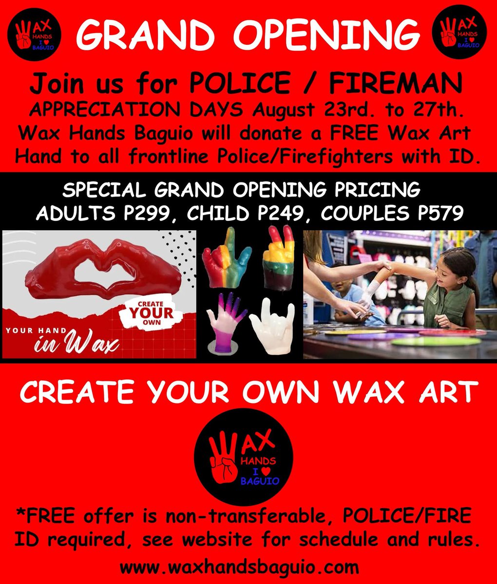 GMBaguio's tweet image. Honoring our everyday heroes! From Aug 23–27, policemen &amp;amp; firefighters get FREE wax hand art at Waxed Hands Baguio OPC, Albergo Hotel &amp;amp; Residences. A simple company thank you this #NationalHeroesDay  #AppreciationWeek #EverydayHeroes