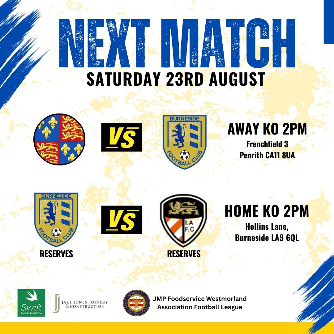 BurnesideFC (@burnesidefc) on Twitter photo Both teams have <a href="/WestmorlandFL/">Westmorland Football League</a> games tomorrow
๐ต <a href="/PenrithRoyalFC/">Penrith Royal FC</a> v Burneside First
๐ Div 3
๐๏ธ Away - Frenchfield 3
๐ KO 2pm
-
๐ก Burneside Reserves v <a href="/ingletonfc/">Ingleton FC</a> Reserves
๐ Div 4
๐๏ธ Home - Hollins Lane
๐ KO 2pm
Support the lads where you can!
#uptheburneside <a href="/WestmorlandFA/">Westmorland FA</a> Both teams have <a href="/WestmorlandFL/">Westmorland Football League</a> games tomorrow
๐ต <a href="/PenrithRoyalFC/">Penrith Royal FC</a> v Burneside First
๐ Div 3
๐๏ธ Away - Frenchfield 3
๐ KO 2pm
-
๐ก Burneside Reserves v <a href="/ingletonfc/">Ingleton FC</a> Reserves
๐ Div 4
๐๏ธ Home - Hollins Lane
๐ KO 2pm
Support the lads where you can!
#uptheburneside <a href="/WestmorlandFA/">Westmorland FA</a>