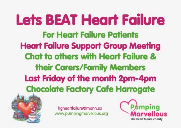 If you or anyone you know has a heart condition do come to the Chocolate Factory Cafe next Friday. It’s good to talk. #heartfailure #healthyhearts ⁦<a href="/TheBHF/">British Heart Foundation</a>⁩ ⁦<a href="/BSHeartFailure/">British Society for Heart Failure #theFword</a>⁩ ⁦<a href="/PMPositivePants/">Team Marvellous #BeatHF</a>⁩ ⁦<a href="/HS4LC/">HS4LC</a>⁩ ⁦<a href="/HADCAcharity/">Harrogate & District Community Action</a>⁩ ⁦⁦⁦<a href="/thestrayferret/">The Stray Ferret</a>⁩