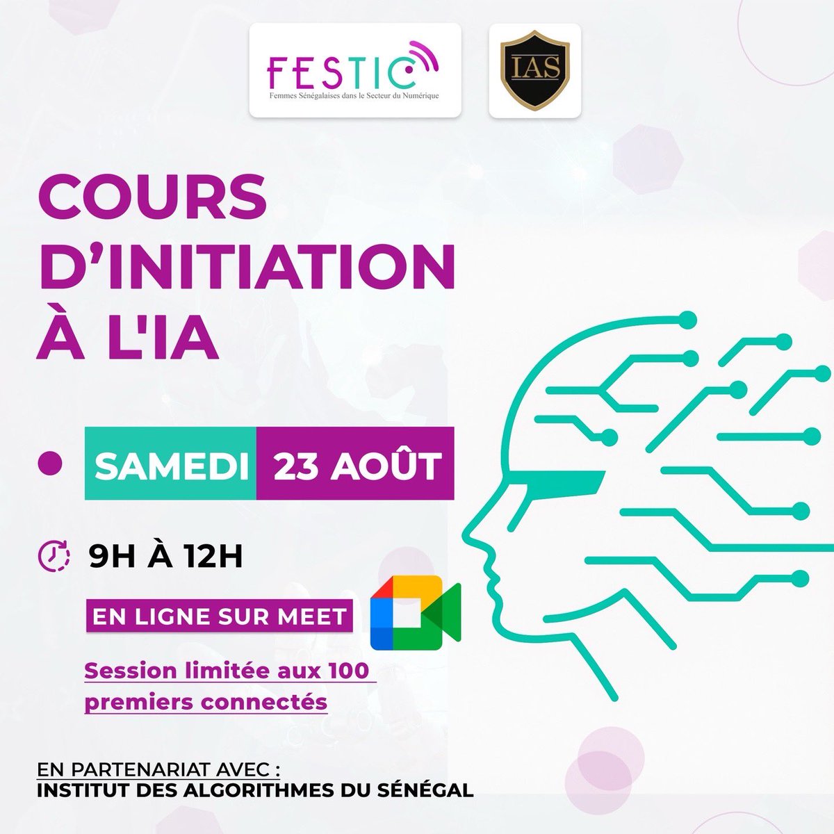 FESTICsn's tweet photo. 📢 Rappel – Formation FESTIC IA
Samedi 23 août 2025, 9h-12h, en ligne. Inscriptions closes.
⚠️ Seules les 100 premières connectées pourront suivre. Pas de panique si vous manquez cette session : d’autres formations arrivent!
#FESTIC #IA #FormationGratuite #FemmesDansLeNumérique https://t.co/m582ox7OR1