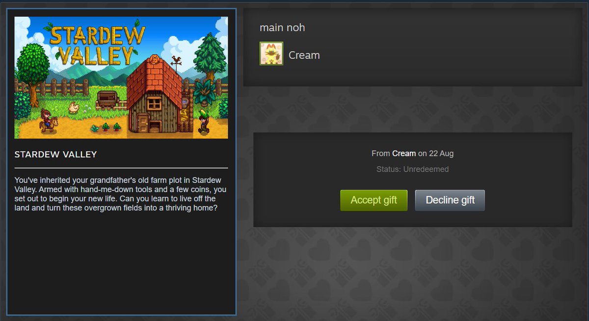 terimakasi banyak bwang sudah memberikan stardew 😭
akhirnya punya sendiri, ga dari family lagi 🥲