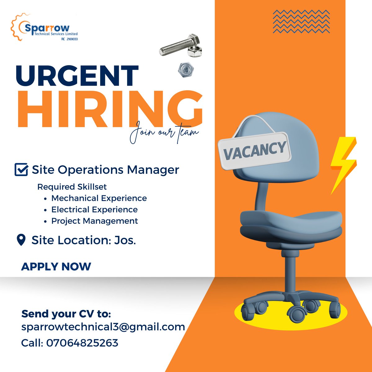 Sparrowtechnic1's tweet image. We are hiring, kindly apply or refer any of your qualified network.
Position: Site Operations Manager.
Location: Jos

Good Remuneration and Benefit.
Apply by sending your CV to:
sparrowtechnical3@gmail.com
Call: 07064825263
#follo4folloback  #vacancies  #HiringAlert