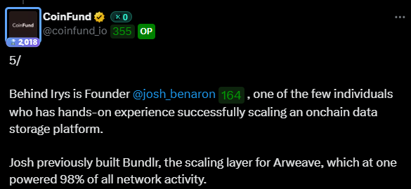 最近不少声音在说“为什么 <a href="/irys_xyz/">Irys (✧ᴗ✧)</a> 官推更新频率变低了？”

心里的想法无非就是“项目方在摆烂/拖TGE时间/跑路”。
我觉得根本不用担心，因为项目方在做你看不到的事。

睡前看到了大消息“Irys A轮融资由 <a href="/coinfund_io/">CoinFund</a> 领投 $10M”。不理解什么意思？这 10M 代表了市场对 Irys 的态度。
