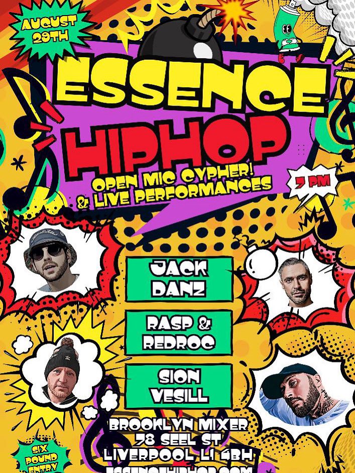 SComplexMusic's tweet image. Our very own @SionVesill joins the line-up for Essence Hip Hop this Thursday, Aug 29th at @BrooklynMixer Liverpool. 🎤
Live performances + open mic cypher from 9 PM. 🎟️ £6 entry.